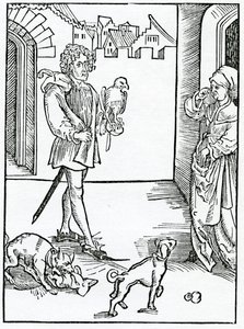Of them that make noises rehearsing tales and do other things unlawful and dishonest in the church of God, illustration from Alexander Barclay